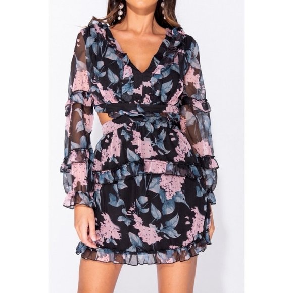 Floral Long Sleeve V-Neck Open Tie Back Mini Dress - Picture 2 of 12